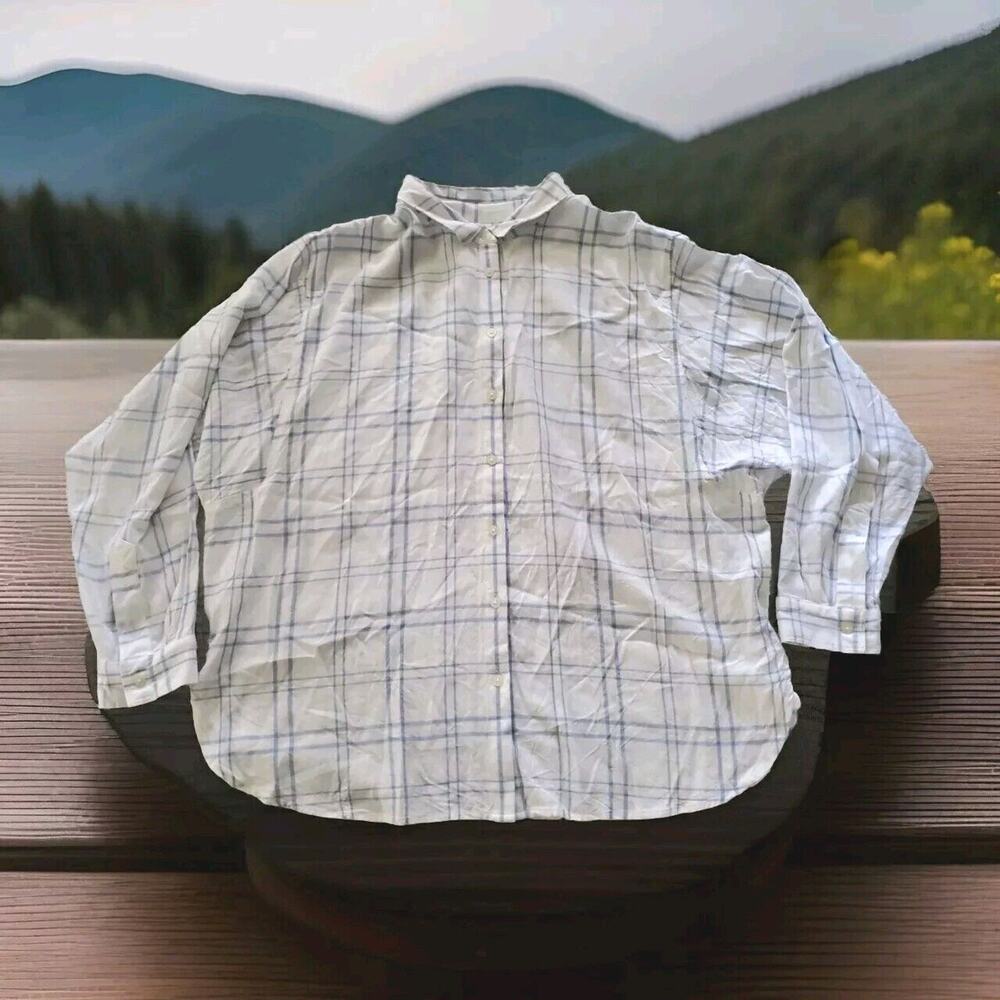 Loft Large Petite White Blue Striped Dolman Long Sleeve Button Down Shirt Blouse